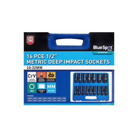 Blue Spot Tools 16 PCE 1/2" Metric Deep Impact Sockets (10mm - 32))
