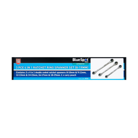 Blue Spot Tools 3PCE 4 in 1 Ratchet Ring Spanner Set ( 8-19mm)
