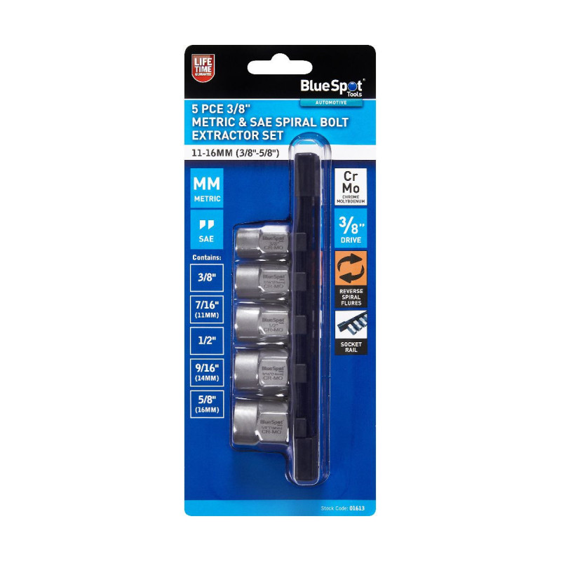 Blue Spot Tools 5pc 3/8" Metric & SAE Spiral Bolt Extractor Set (11–16mm, 3/8–5/8) | Damaged Bolt Removal - 01613