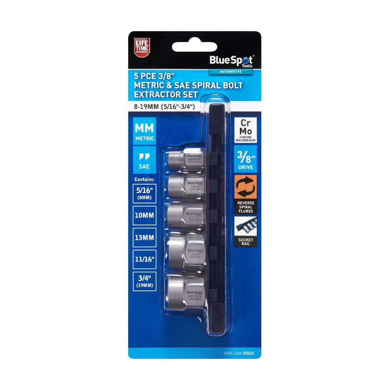 Blue Spot Tools 5pc 3/8" Spiral Bolt Extractor Set (8–19mm & 5/16–3/4) | Damaged Bolt Removal - 01615