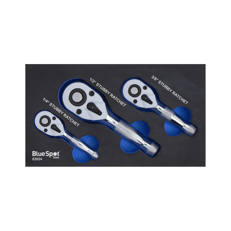 Blue Spot Tools 3 Pce Stubby Ratchet Set in EVA Foam (1/4". 3/8"/1/2")