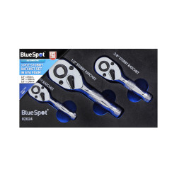 Blue Spot Tools 3pc Stubby Ratchet Set in EVA Foam | Compact Ratchet Kit 1/4", 3/8", 1/2" - 02024