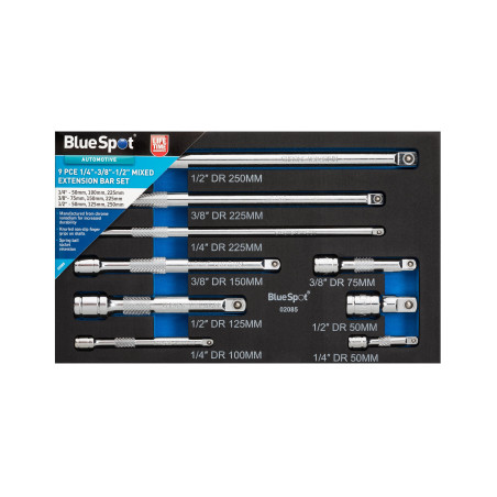 Blue Spot Tools 9pc Mixed Extension Bar Set | 1/4", 3/8" & 1/2" Chrome Vanadium Extensions - 02085